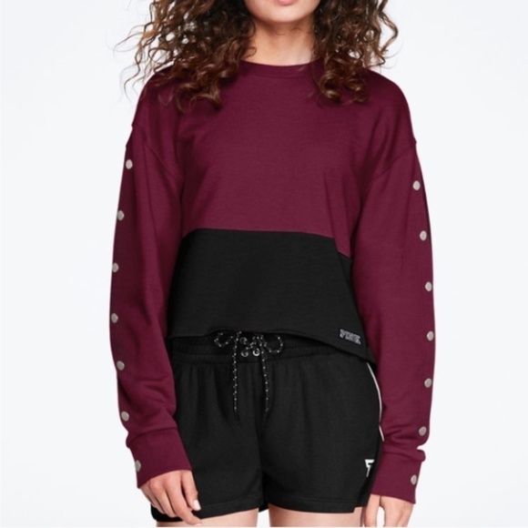 VICTORIA'S SECRET PINK SNAP SLEEVE BOYFRIEND CREW Sz L MAROON & BLACK #231D - Picture 1 of 10